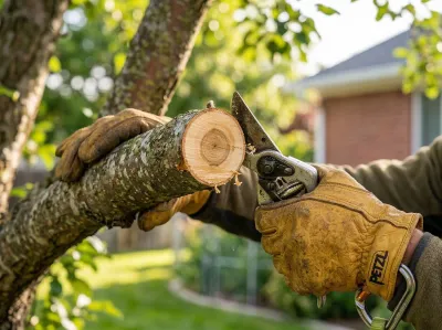 Close-up of arborist pruning a fruit tree branch with bypass shears